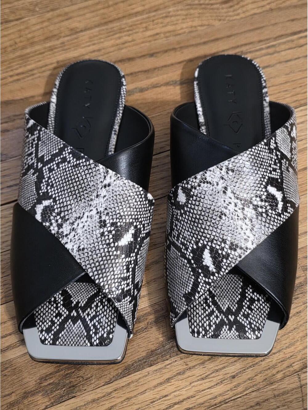 Katy Perry The Checked In Slide Sandal Black Snake Print 8 NIB